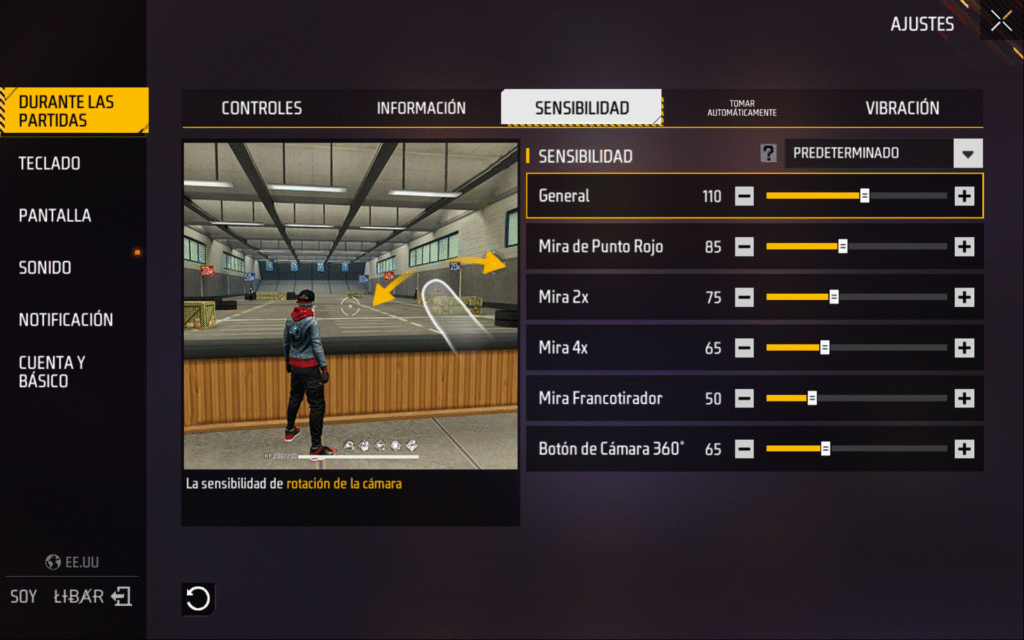 Sensibilidad Free Fire para Samsung S24 Ultra configurada dentro del juego